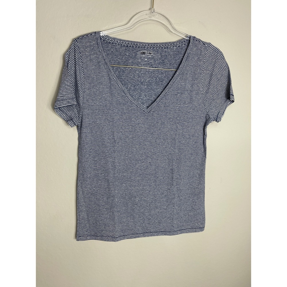 J.Crew Stretch Linen Blend Stripe V-Neck Tee Navy White Women's Medium - Picture 2 of 9